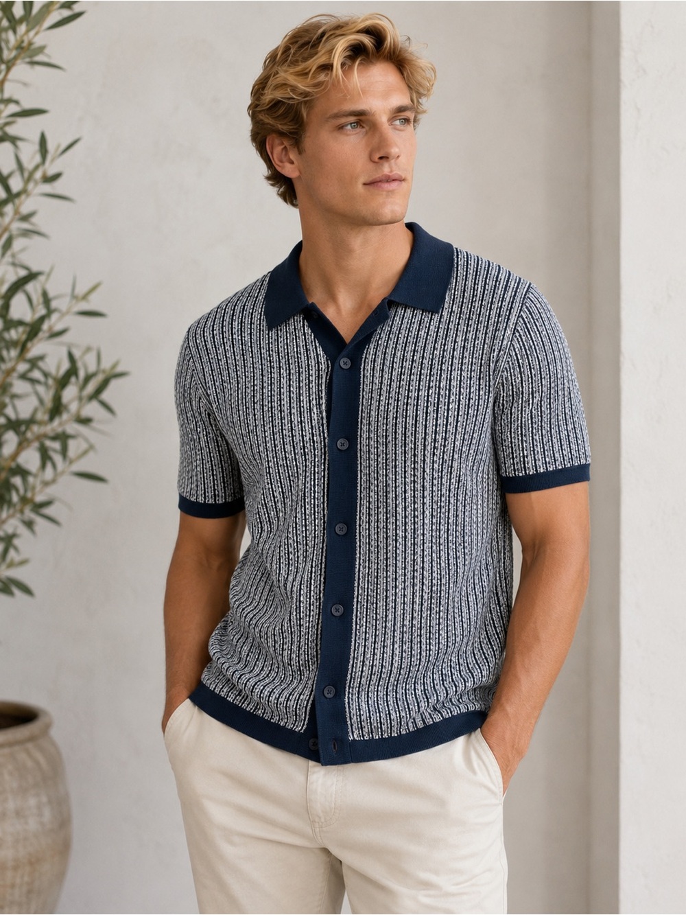Threadbare Men’s XL Navy & White Textured Knit Button Front Polo Sweater Shirt